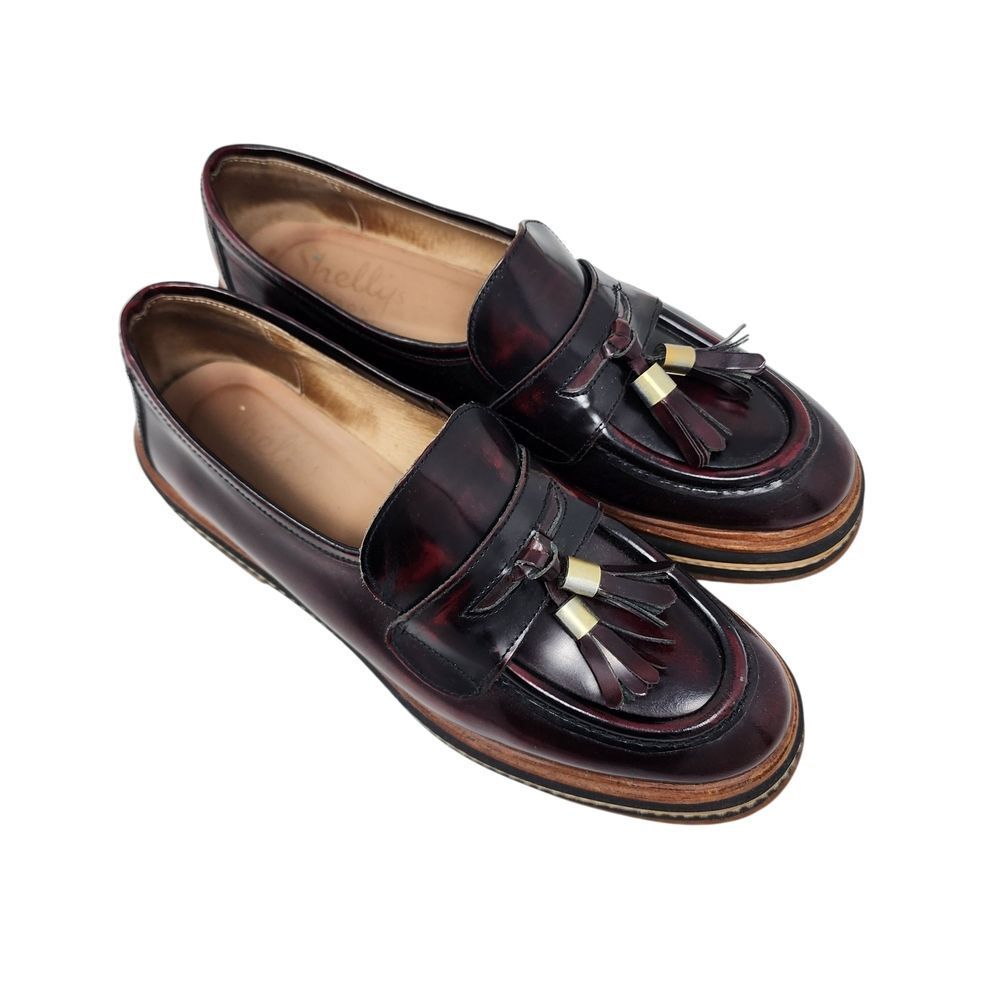 Shellys London Wine Red Tassel Loafers with Gold Accents